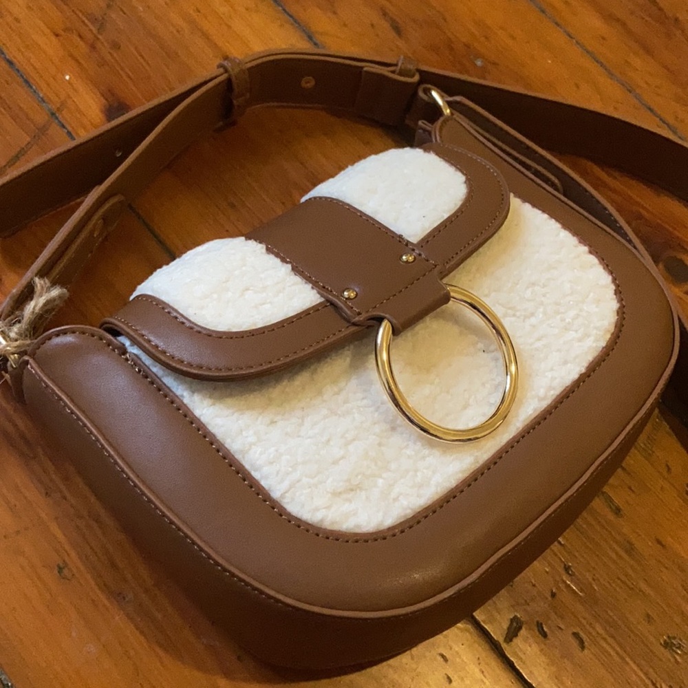Antik Kraft 👜 Anthropologie Vegan Leather & Shearling Crossbody Flap Bag NWT